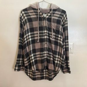 Muted Pink/Mauve Hooded Plaid Flannel with Sherpa Lined Hood